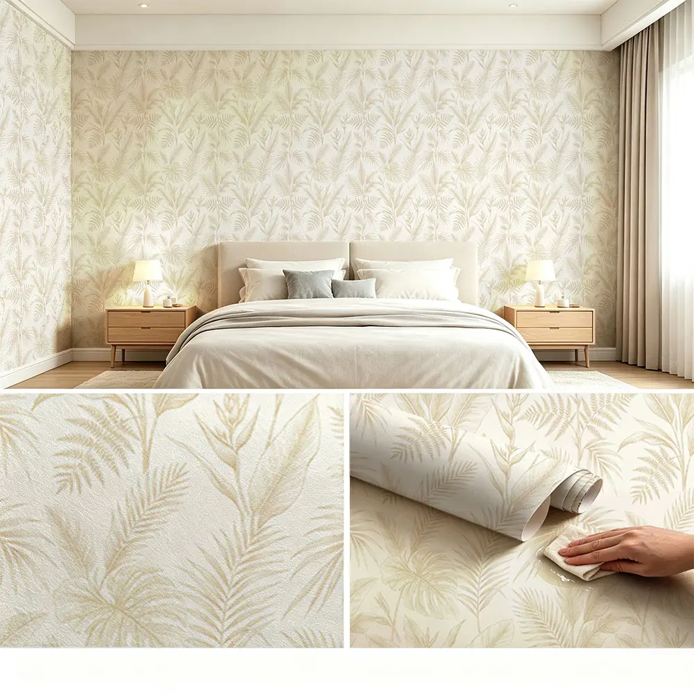 Beige Leaf Texture PVC Wallpaper, Self Adhesive Waterproof Wall Sticker, Warm Neutral Home Interior Wall Decor