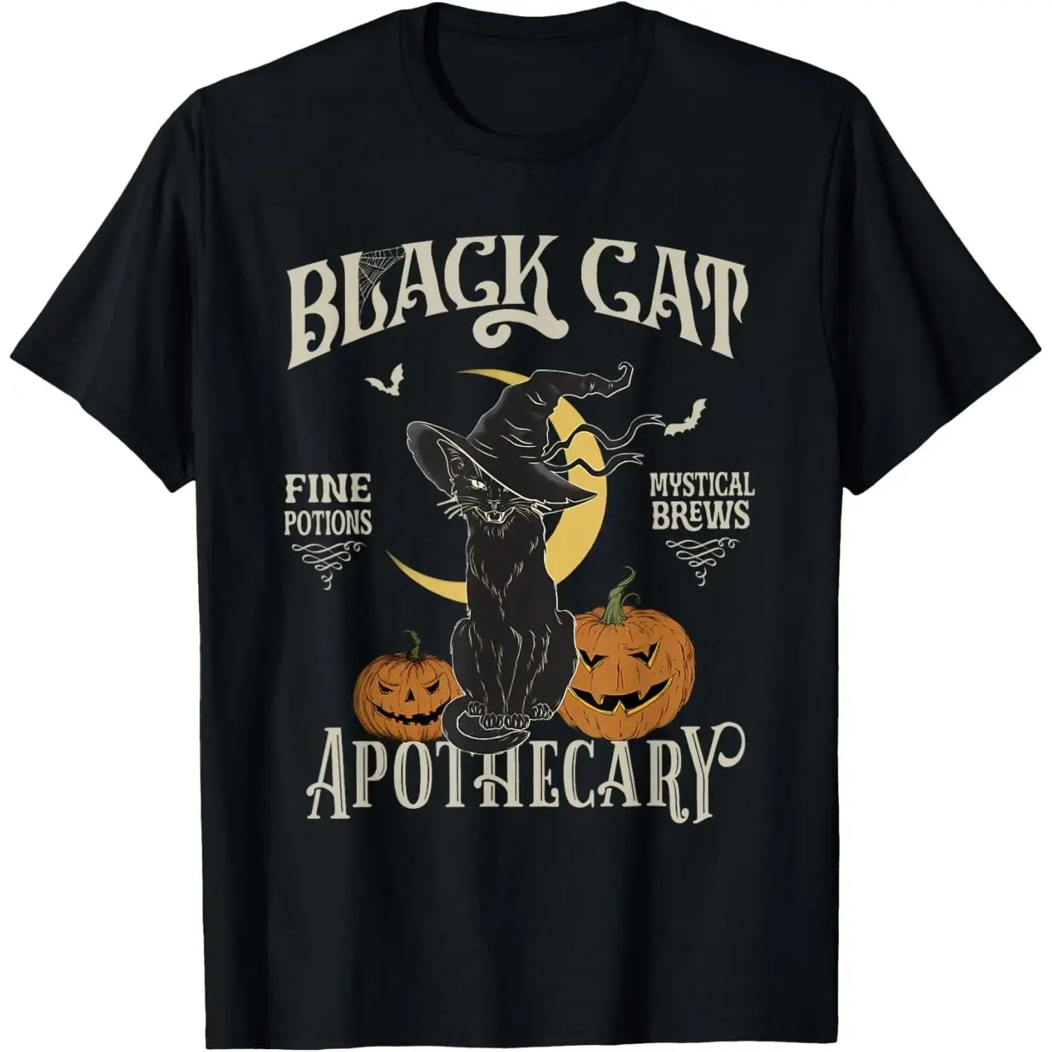 1pc Retro Halloween "Salem Apothecary Black Cat" Horror T-shirt |     Distressed Fabric + Black Cat/Apothecary Print, Retro Fit |     Retro Enthusiasts/Occult Fans |     Halloween Retro Parties |     Salem witch culture adds mystery, solves retro occult f