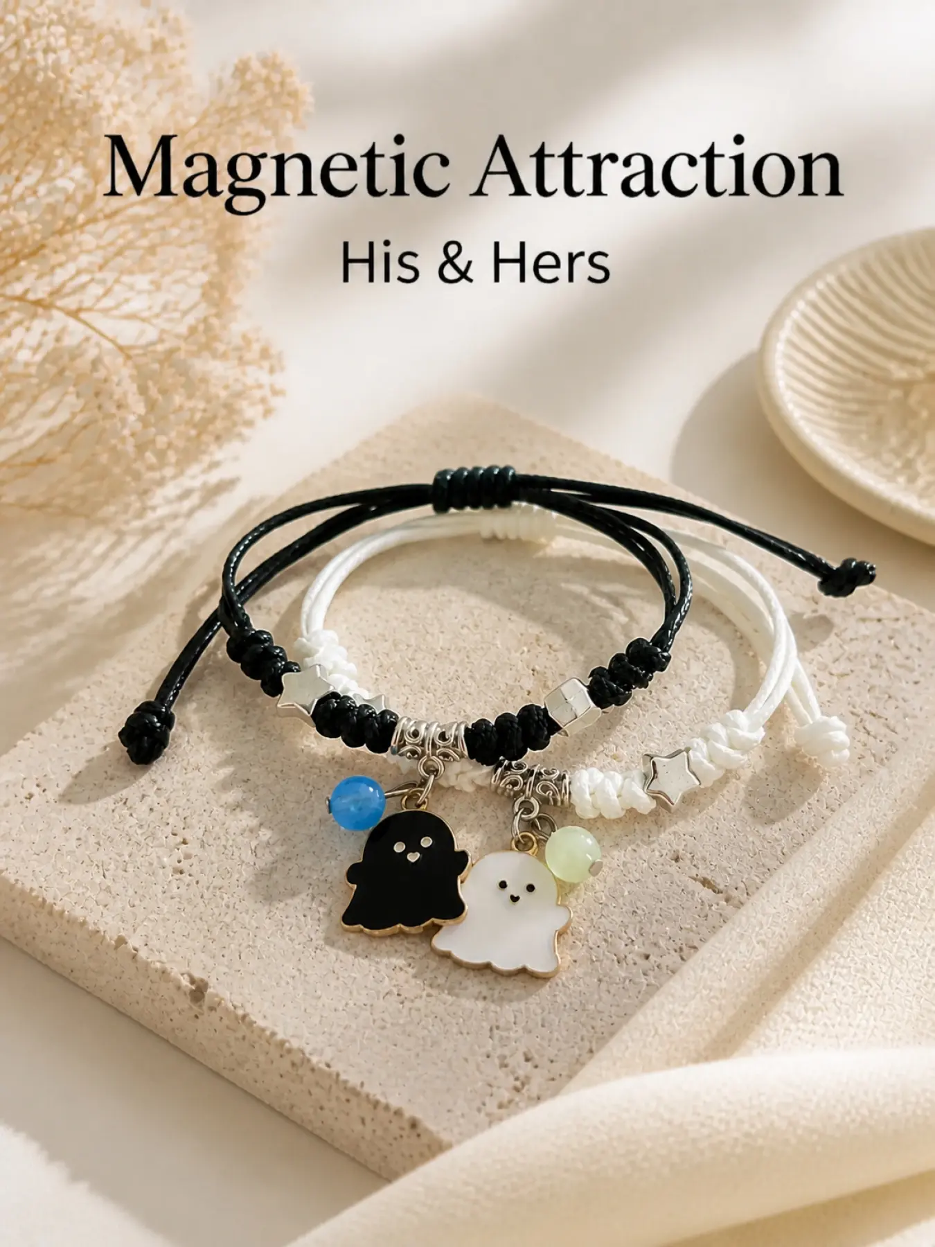Glow in the Dark Ghost Couple Bracelet Set | Adjustable Matching Black & White Braided Friendship Bracelets for Couples, Best Friends & Gifts