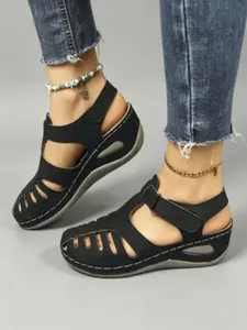 2026 ! Hollow Out Velcro Elevated Wedge Sandals, Soft Sole Anti-Slip Breathable Women's Shoes, Comfortable All-Season Footwear