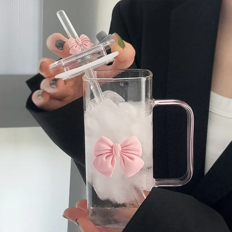 New pink bow straw cup female transparent simple square cup household high borosilicate glass with handle