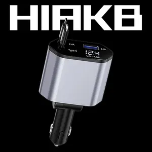 HIAKB 120W Retractable Car Charger 4-in-1 USB-C & Lightning Cable – Fast Charging Adapter for iPhone 16/15/14, Samsung, Android | USB Type-C Port + LED Voltage Display | Multi-Device Car Charger