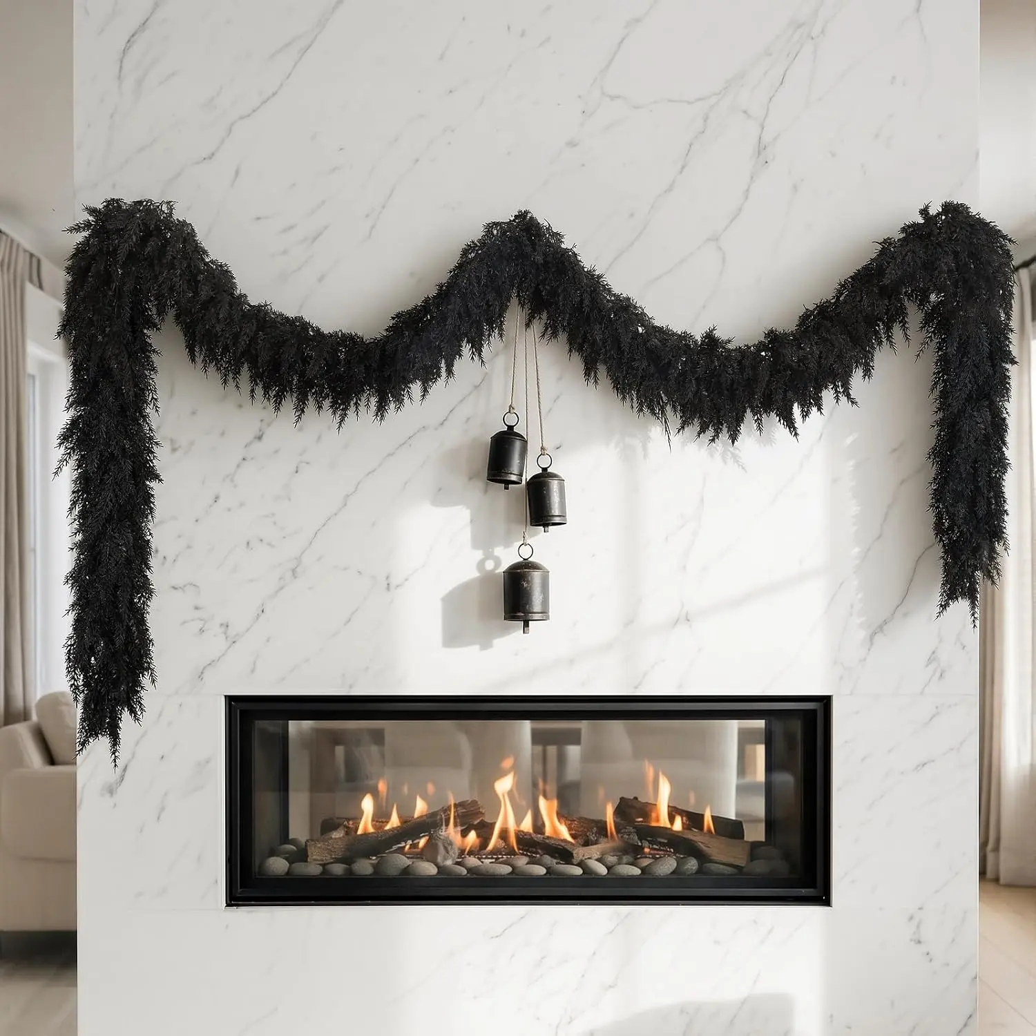 9 FT Halloween Cedar Garland, Black Real  Soft Christmas Decorations | Realistic Thick Full Lush Artificial Garland, Fireplace Mantel Staircase Railing Front Door Porch Window Indoor Decorations
