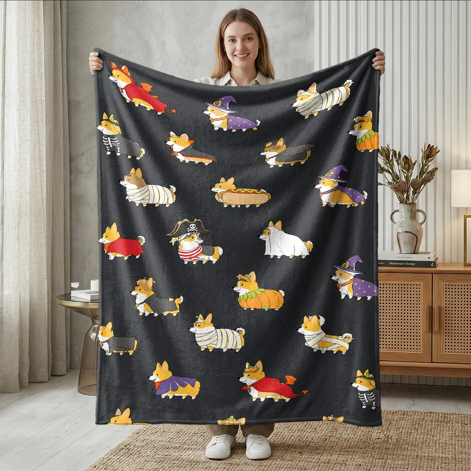Halloween Corgi Cartoon Flannel Blanket, Multiple, Mummy, Witch, Pirate Designs, Soft Warm Cozy, Pet Lovers, Sofa Cover, Halloween Decor, Gift