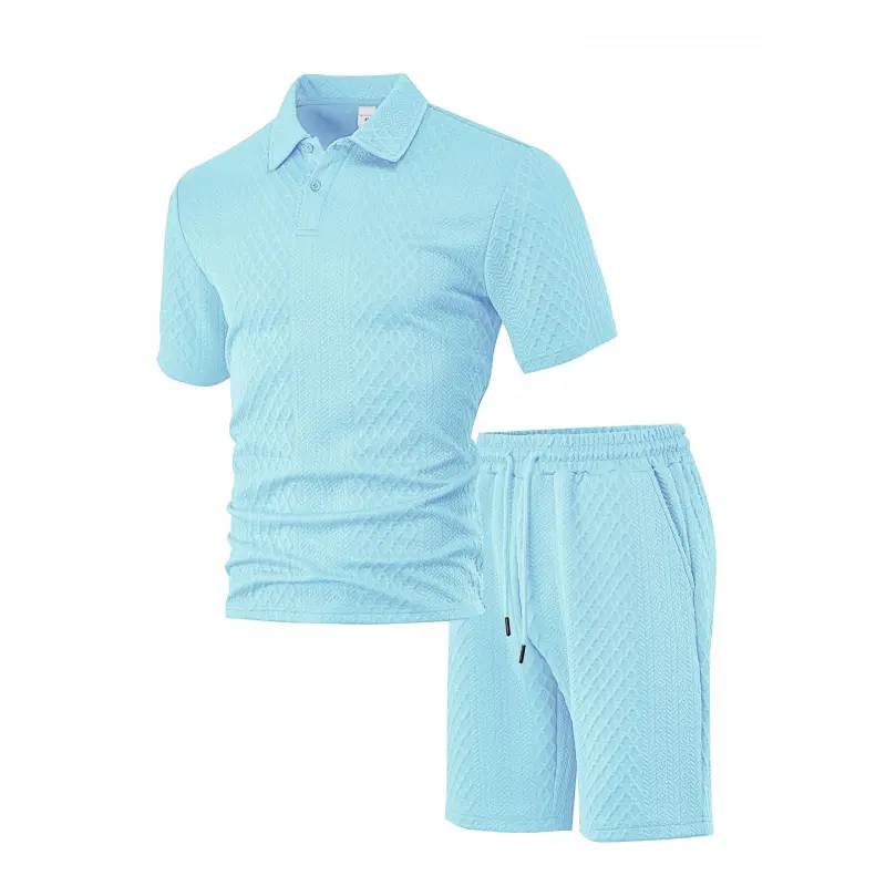 Men's Old Money Style 2-Piece Jacquard Polo Set, Plaid Knitting Basics, Summer Casual Athletic Outfit, Machine Washable, Normal Type, Menswear, Shortsleeve