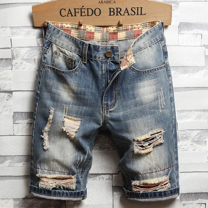 Men's Vintage Light Wash Destroyed Denim Shorts, Cotton Blend Frayed Ripped Shorts with Rolled Cuff, Regular Fit Knee Length Casual Daily Wear Shorts