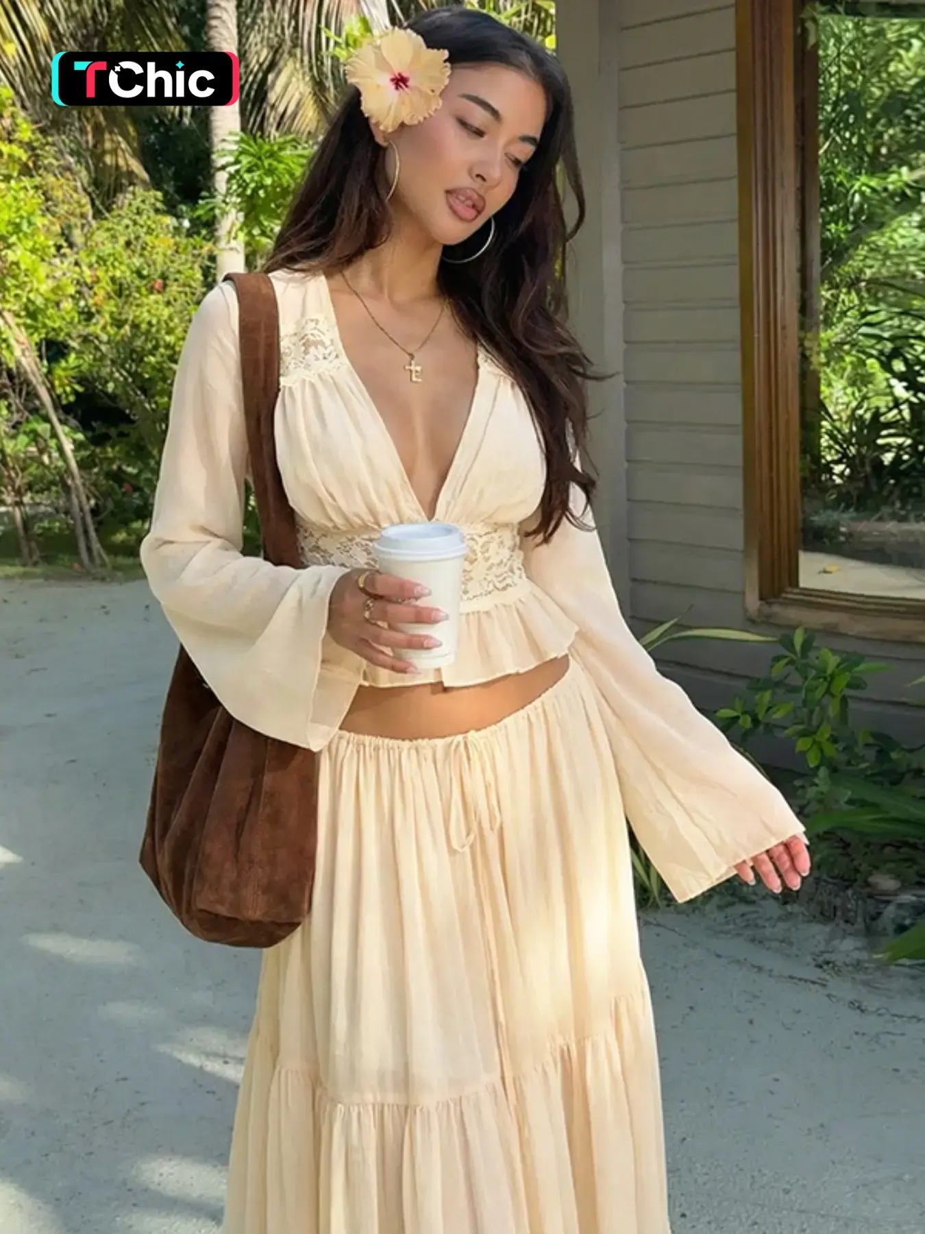 Women Spring Autumn Long Sleeve V Neck Tops Long Skirt Beach Vacation Chiffon Two Piece Set Outfit Womenswear Fashion Style Sets