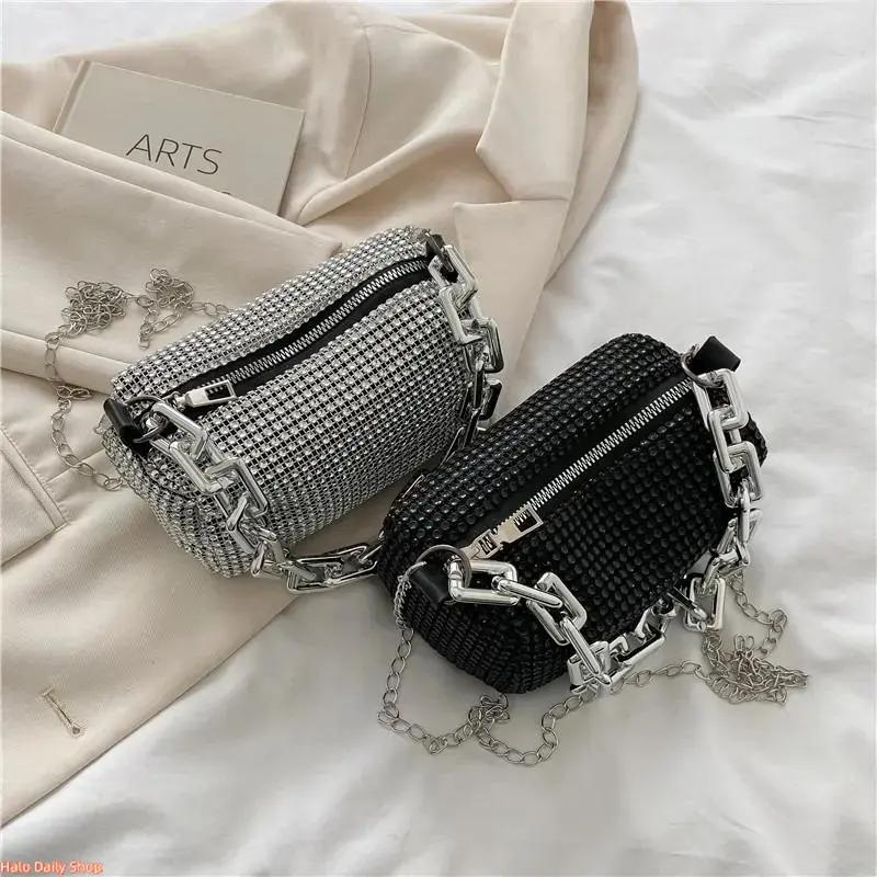 Women's Leather Baguette Handbag - Female Compact Rectangular Purse with Modest Plain Design, Sparkly Crystal Detail, Durable Base, Detachable Strap, Zipper Closure for Parties, Weddings