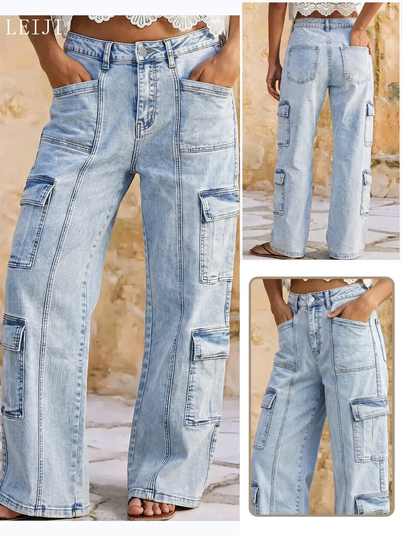 Light Blue Washed Multi-Pocket Workwear Wide Leg Jeans for Women, High Waist Contrast Stitching Side Pockets, Loose-Fit Straight Leg Long Pants