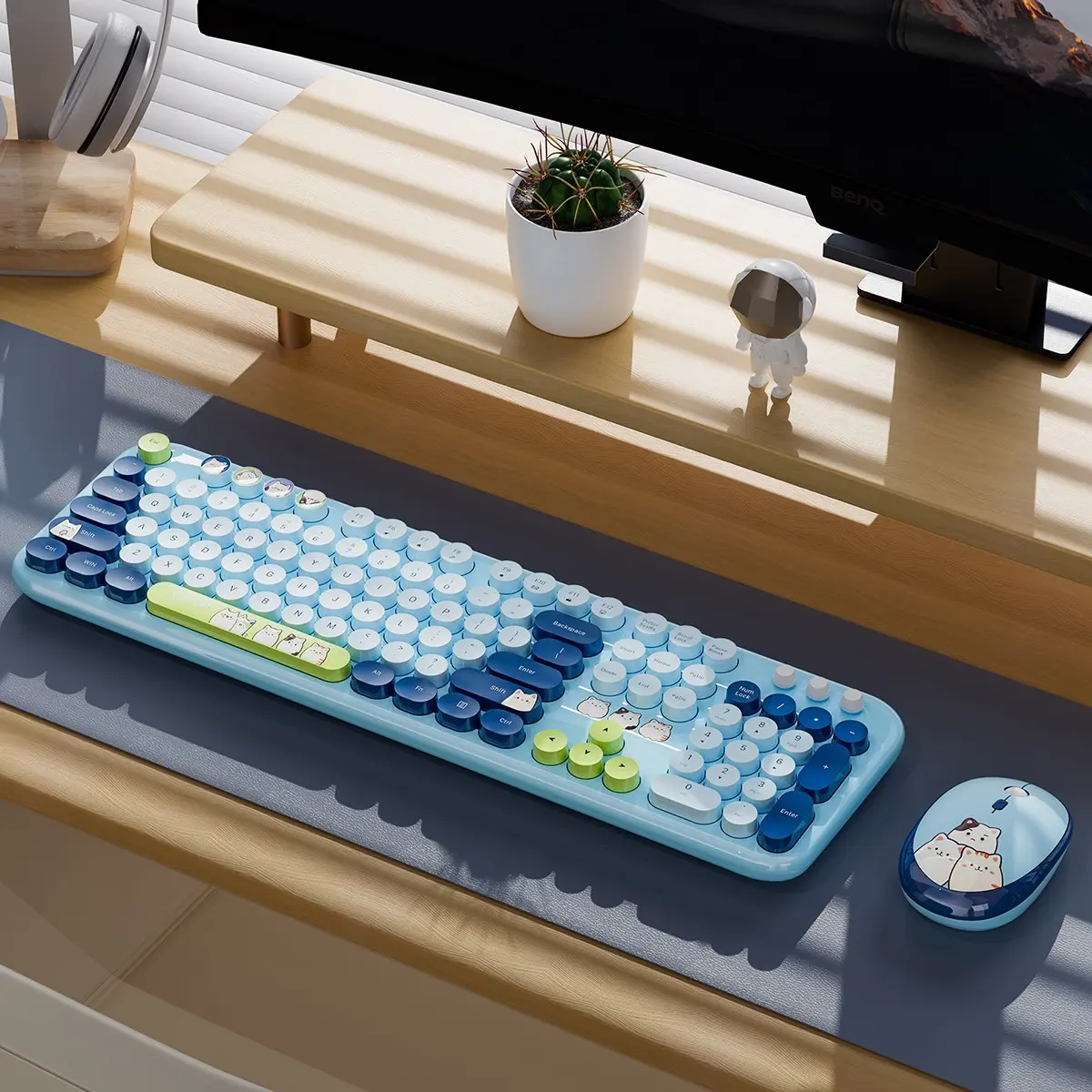 MOFii Silly Cat Wireless Keyboard and Mouse Set, Light Blue Cute Round Keycaps 2.4G Wireless Combo, Compatible with Laptop & Desktop PC