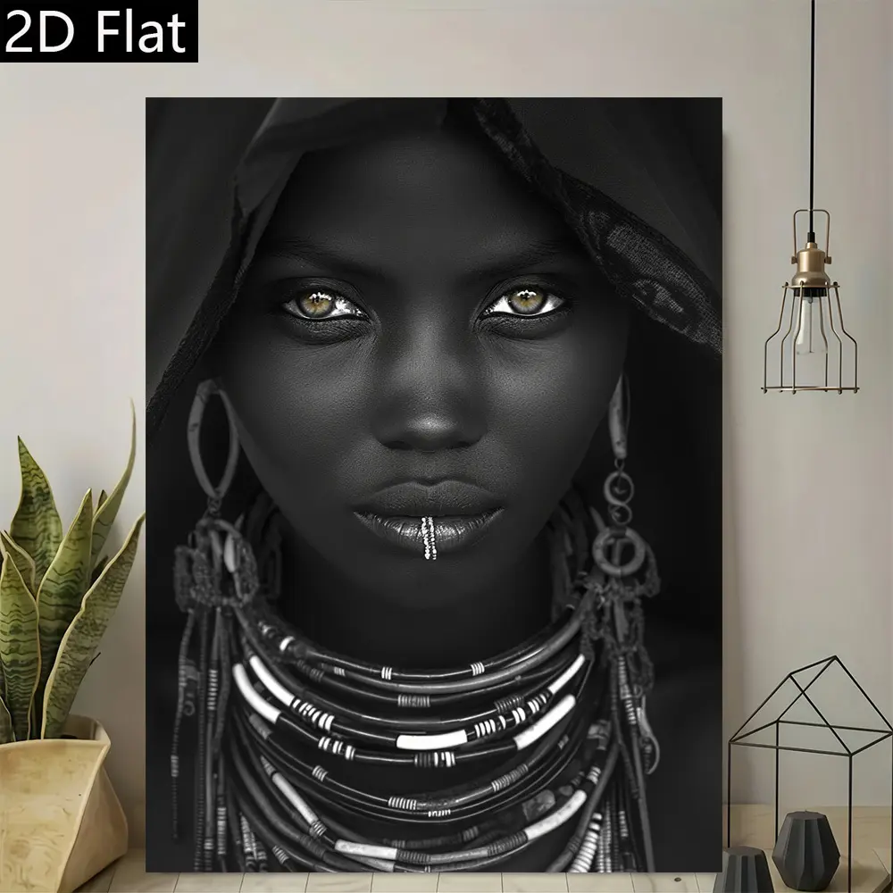 2D Flat, 1Pc African Woman Portrait Canvas Wall Art - Vintage African Tribal Painting, Vertical Poster for Living Room, Bedroom, Office Decoration - Cultural Home Decor, Elegant African Traditional Wall Decoration, High-Quality Print, Recommended by Inter