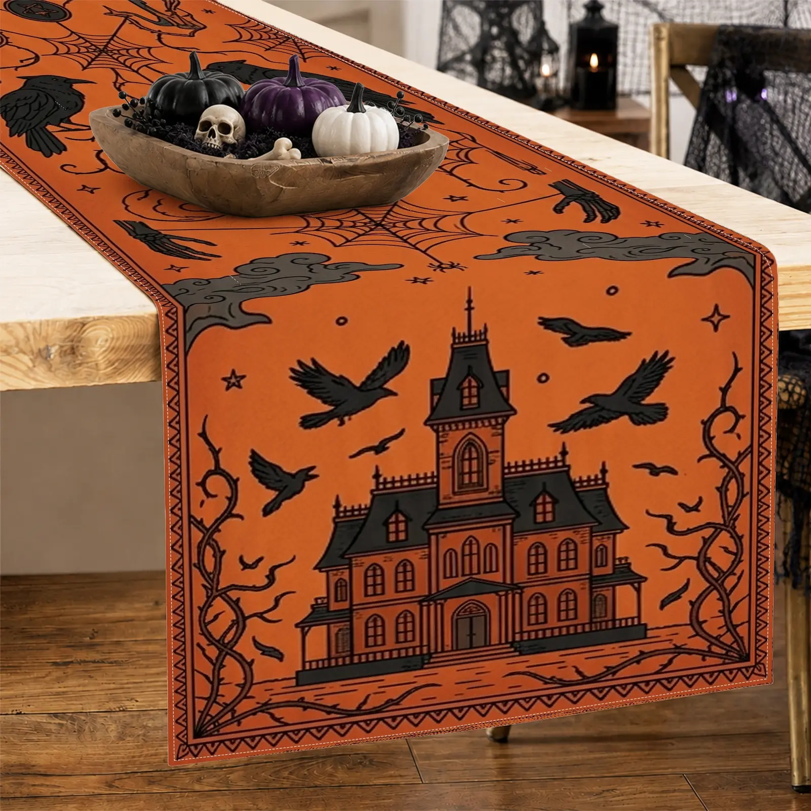 1pc Spider Web Crow Haunted House Table Runner, Gothic Halloween Style, Black and Orange Pattern Design, for Dining Table Halloween Party Home Decor Seasonal Table Decor
