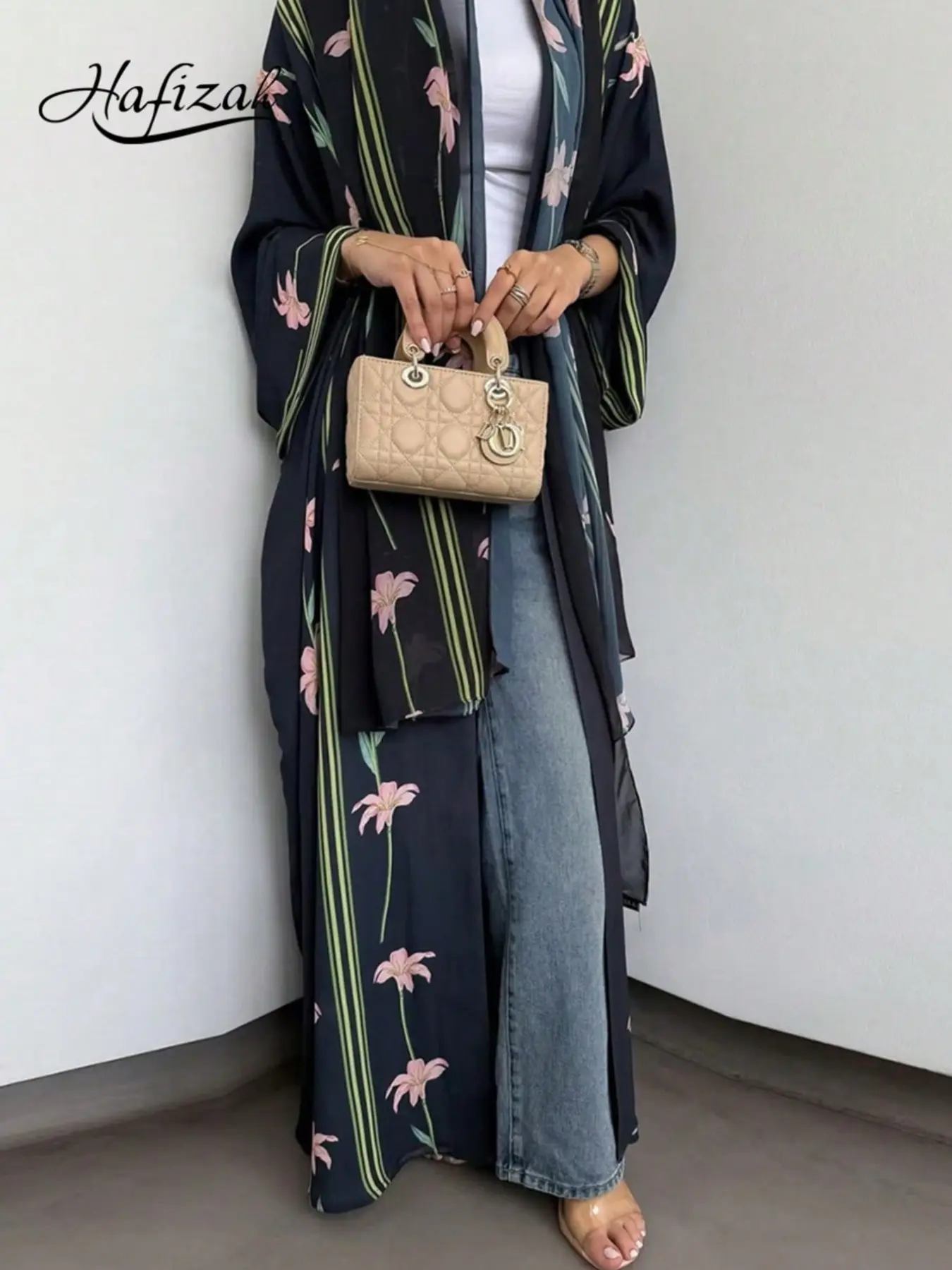 Hafizah Women's Summer New Modest Printed Shawl Outerwear Long Skirt Two-Piece Set, Loose-Fitting All-Over Print, Unlined, 88.2g/m², Matching Outfit Set