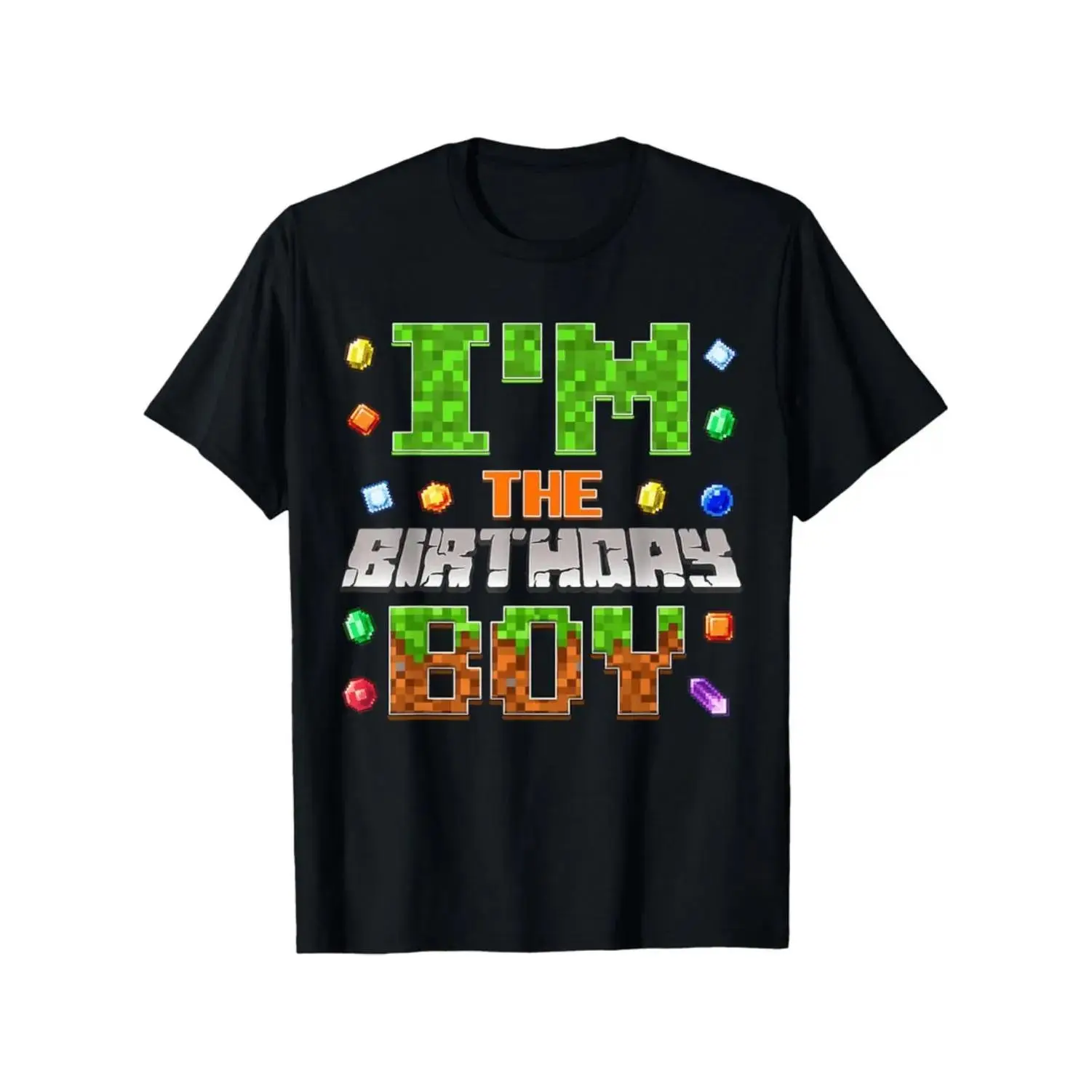 Men's Comfy Cotton Fitted Short-Sleeve Pixelated Video Game Birthday Boy Graphic Top, Colorful Gemstone Design for Gamers