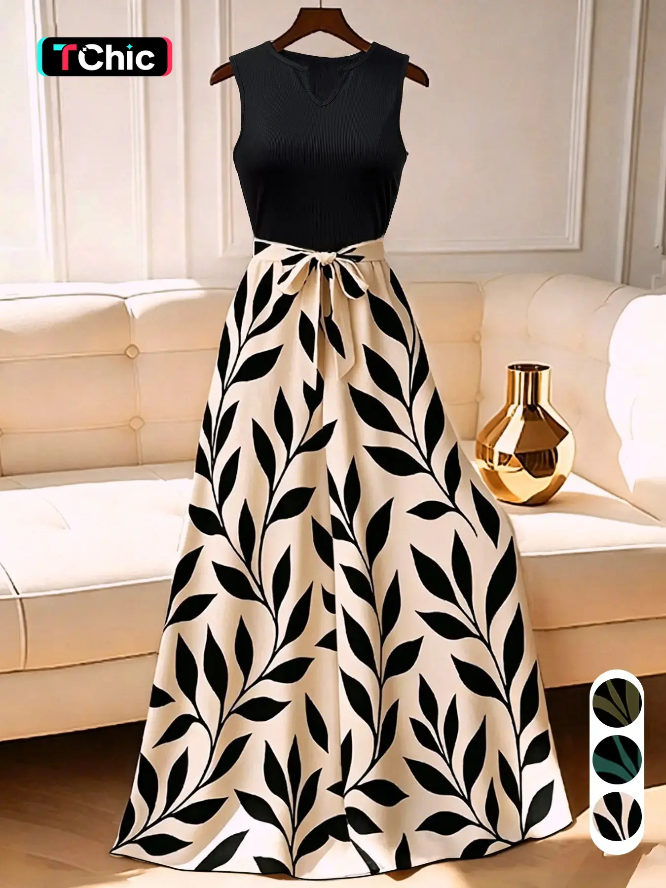 Leaf Print Patchwork Dress, Sleeveless A-Line Long Dress, Elegant Slim-Fit, Spring Summer, Waist Tie, Office Vacation Date Photo, Elegance