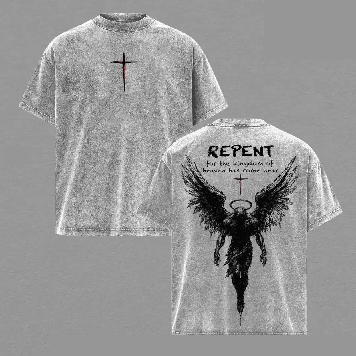Men's Vintage Camo Acrylic Christian T-Shirt - Casual All Seasons Loose-Fit Unisex Streetwear, Short Sleeve Top with Angel Wings Graphic, Lettuce Trim, Multi-Function