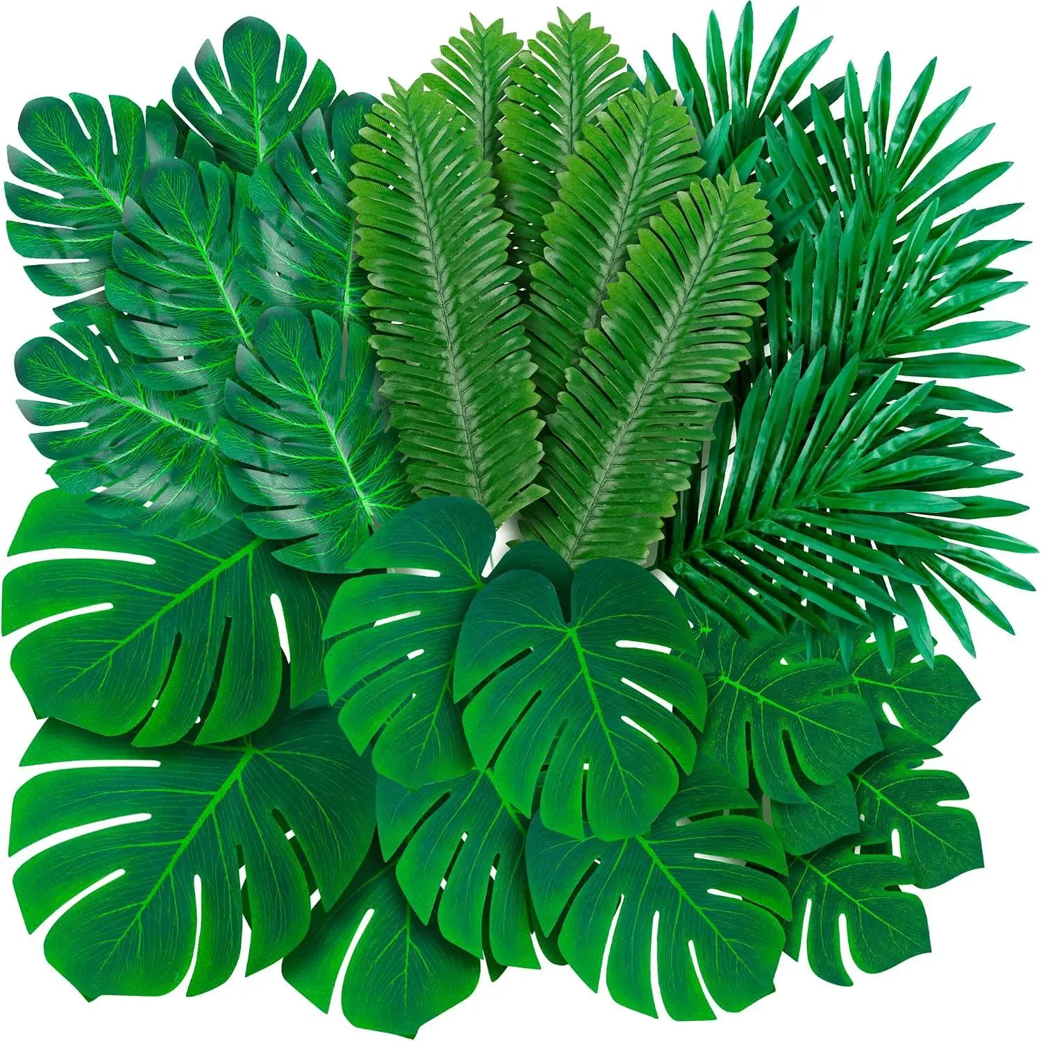 108 Pack Palm Leaves Artificial Tropical Monstera - 6 Kinds Large Small Green Fake Palm Leaf with Stems for Safari Jungle Hawaiian Luau Party Table Decoration Wedding Birthday Theme Party Decorations