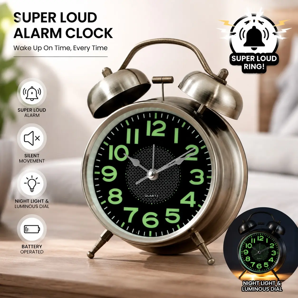 Loud Metal Battery Operated Alarm Clock with Night Light, Silent Movement, Large Face Design, Perfect for Students and Office Workers, Bedside Table Clock, Analog Clock