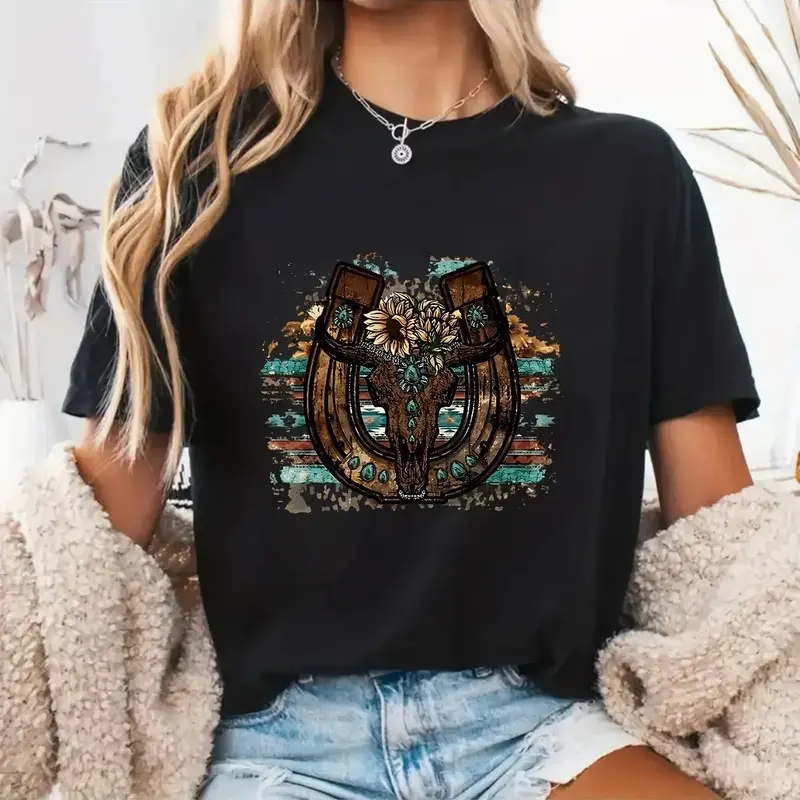 Women's Soft Cotton T-Shirt - Round Neck, Short Sleeve, Medium Length, Loose Regular Cut, Western Bullhead Floral Graphic, Solid, All Seasons, S-5XL, Cold Machine Wash Top