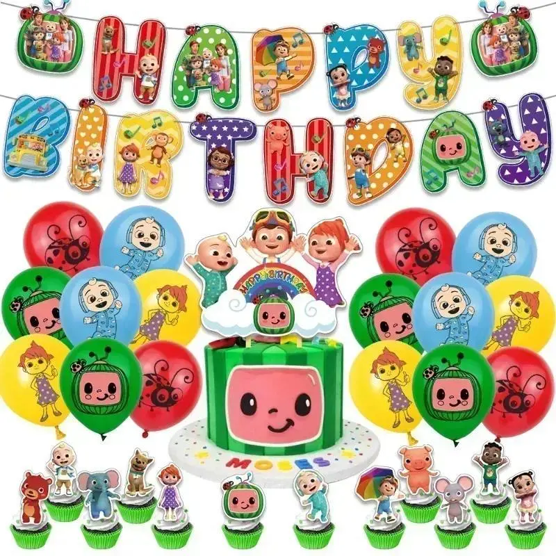 Cocomelon Theme Kids Party Supplies Set - Latex Balloons, Banner Flag, Cake Toppers, Festive Gifts for Home Party Decorations