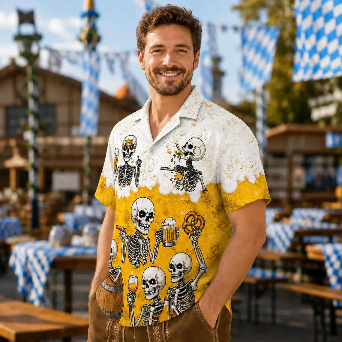 Oktoberfest Skull Beer Lover Bavarian Hawaiian Button-Up Shirt - Polyester, Loose Fit, Full Print, Short Sleeve Professional Sports & Outdoor Clothing, Hand Wash