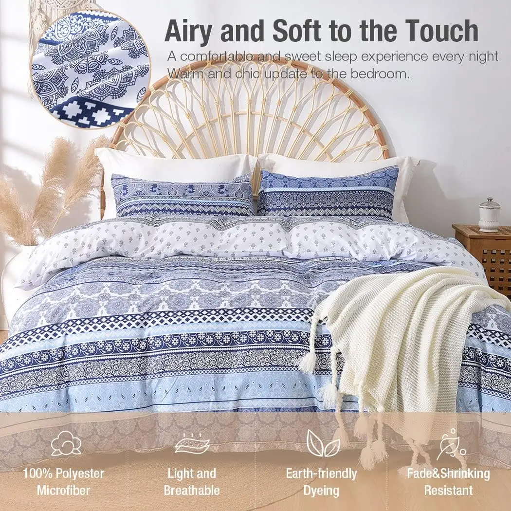 Queen Size Duvet Cover Set, Blue Retro Comforter Cover Queen Size Floral Striped Printed, Luxury Soft Microfiber Bedding Set with Zipper Ties