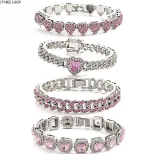 Women Full Rhinestone Cuban Link Bracelet, Pink Alloy Hip Hop 7 Inch Fashion Wrist Jewelry