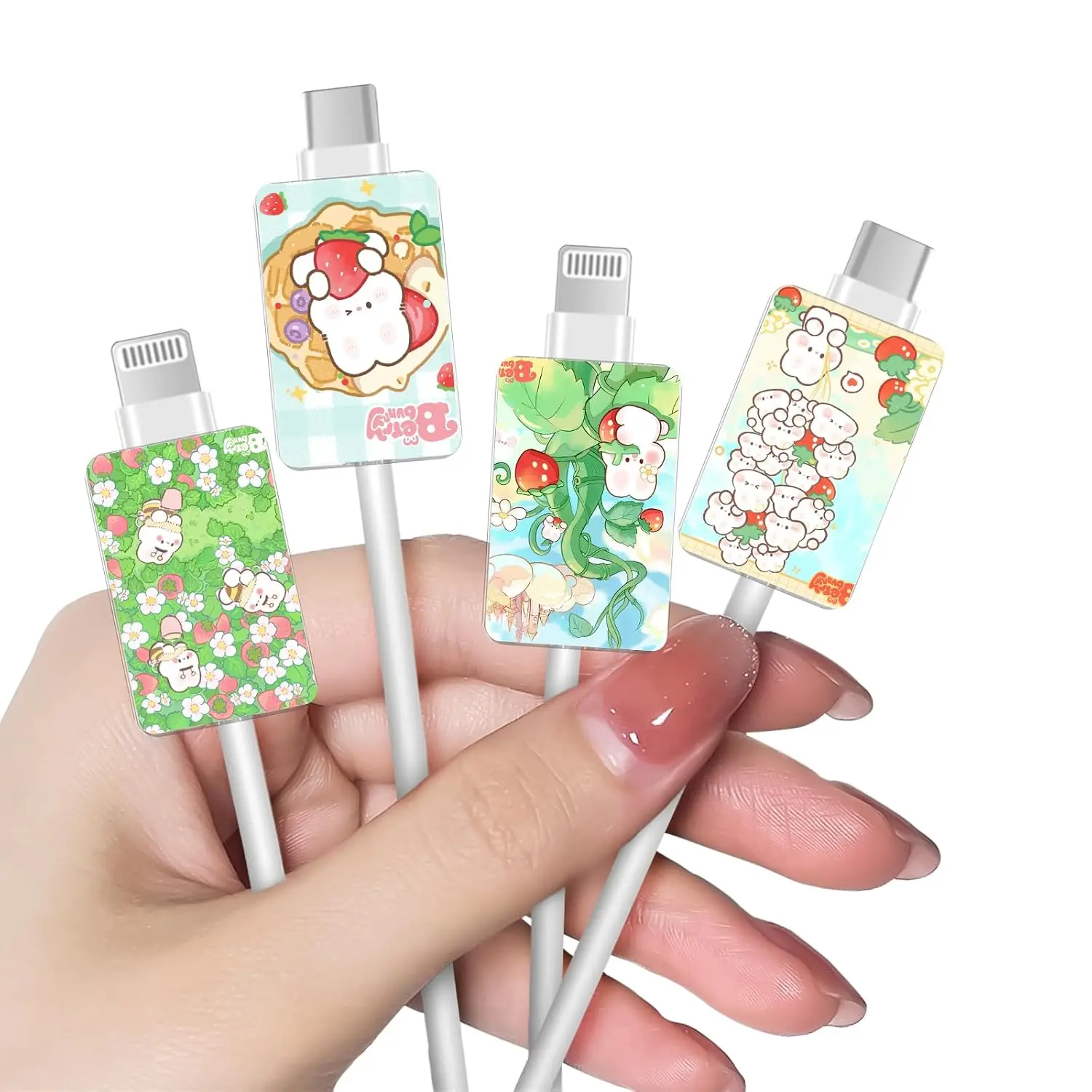 Aesthetic Synthetic Type-C Charger End Cord Protectors - 4-Count Cute Cartoon & Strawberry Set for Mobile Phones, Women’s Anniversary Gift, Easy Installation, Phone Saver Data Cover, Cord Guard