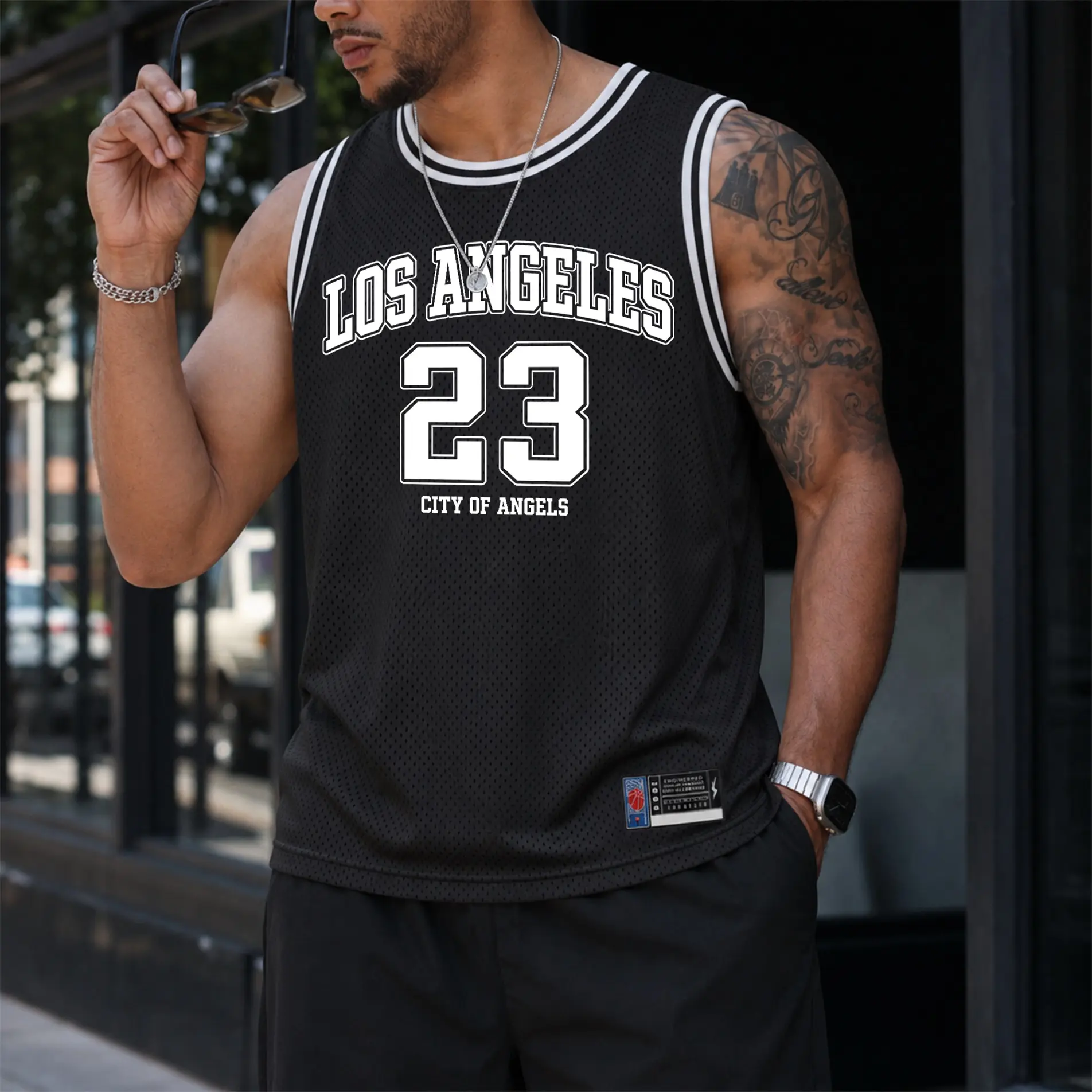 Men's Retro Mesh Tank Top "Los Angeles" And "23" Basketball Graphic; A Sleeveless, Athletic Jersey-Style Top Designed For Breathability—Perfect For Workouts, Running, Or Casual Street-Style Summer Wear.
