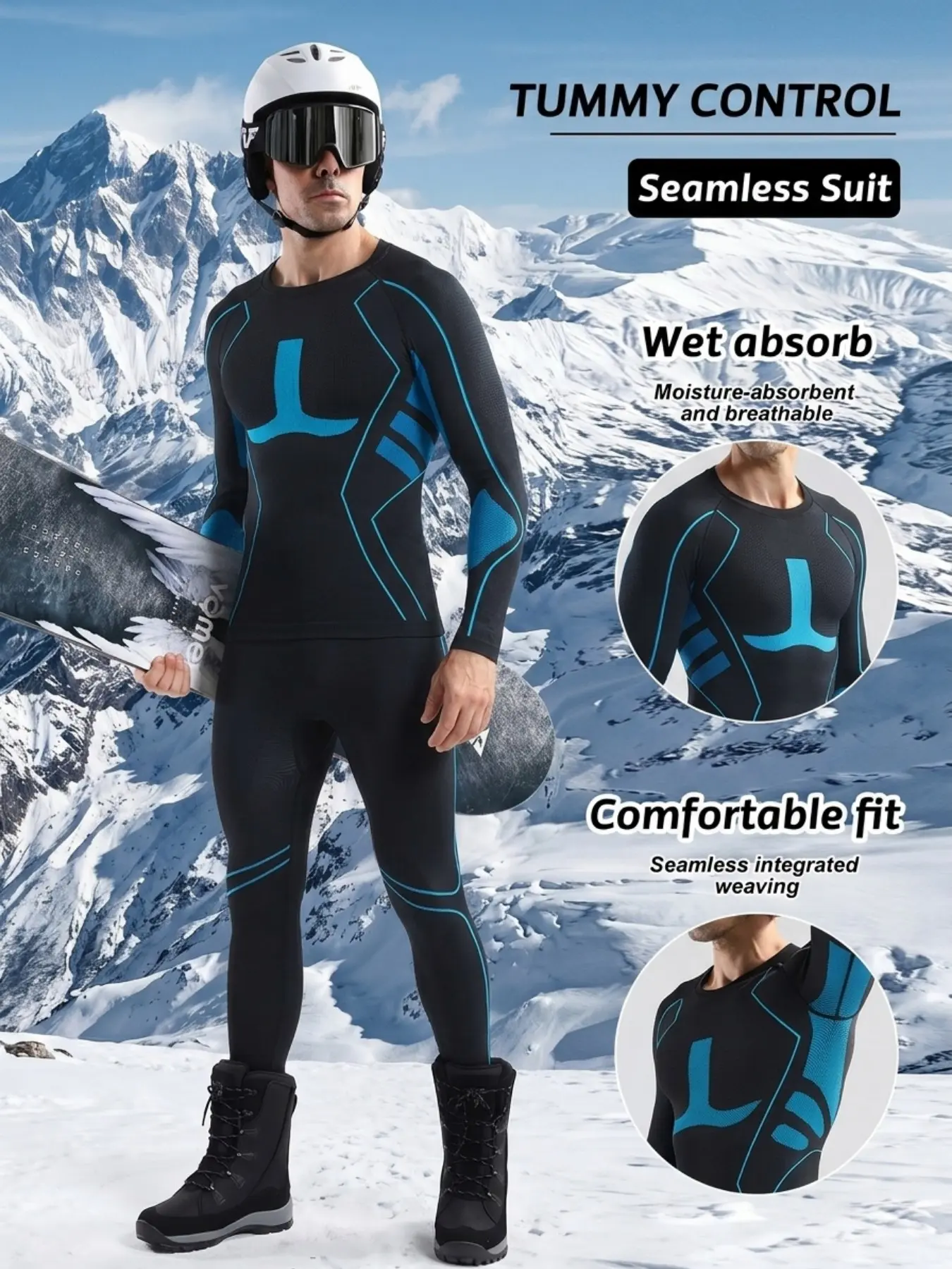 2pc Seamless Compression Men's Ski Quick-Dry Set, Fall Winter Ski Moisture-Wicking Warm Sports Gear, Ideal for Skiing Cycling