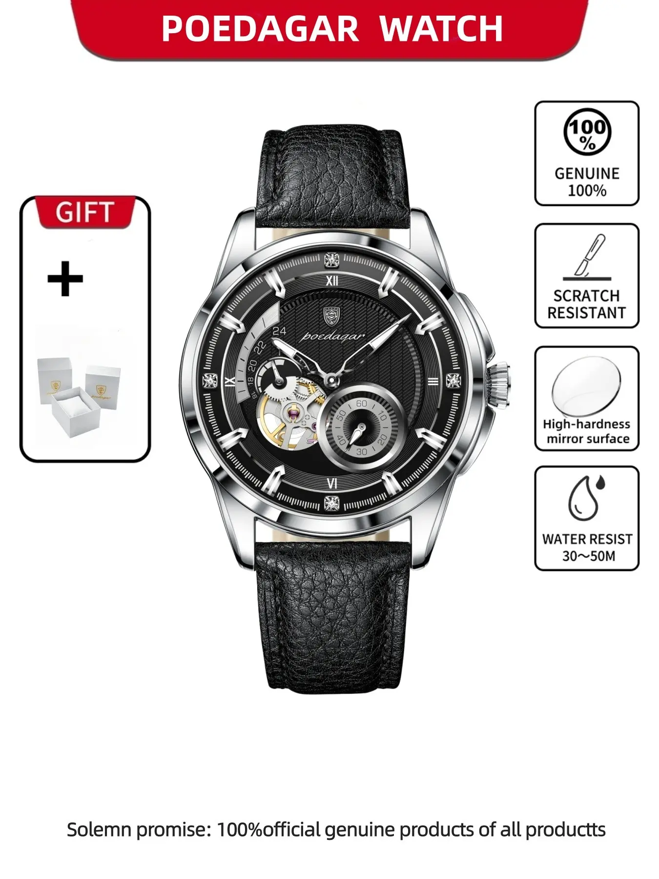 POEDAGAR Fashion Sports Men's Watch Hollow Tourbillon Waterproof Wear resistant Men's Mechanical Watch Fully Automatic Movement Leather Men's Watch