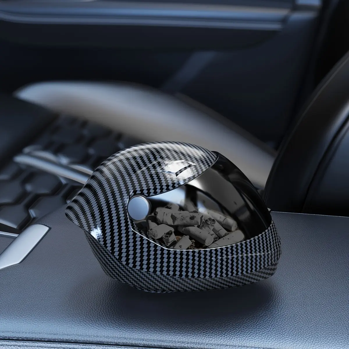Carbon Fiber Pattern Motorcycle Helmet Shaped Ashtray Creative Ash Tray Box Container for Car Office Home Table Decoration Cool Biker Gift Aesthetic Interior Desk Storage Accessory Holder Organizer Counter Decor
