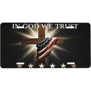 In God We Trust Wooden Cross Front License Plate 6x12 – Patriotic American Flag Vanity Tag for Car Truck SUV – Rustic Aluminum Metal Cover with 4 Holes