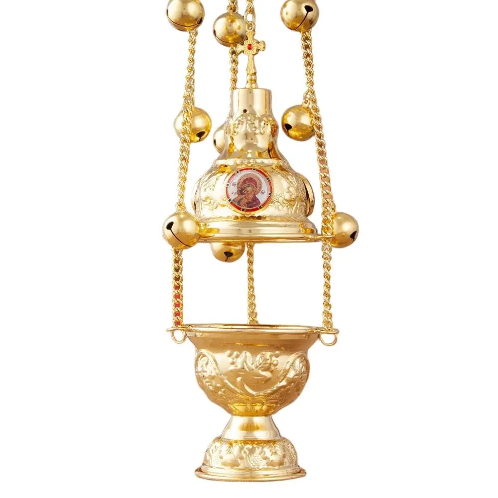 Orthodox Church Hanging Incense Burner Gold Plated Religious Censer with Bells, Chain Cross Icon Detachable Bowl, Orthodox Craft Home Chapel Altar Decor Gift Box