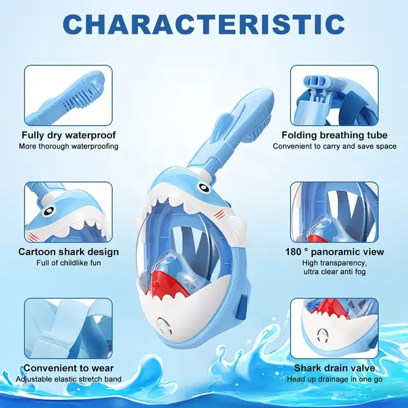 Shark Theme Kids Full Face Snorkel Mask, 180° Panoramic View, Anti-Fog Design, Cute Appearance, Ideal for Snorkeling and Diving Gear