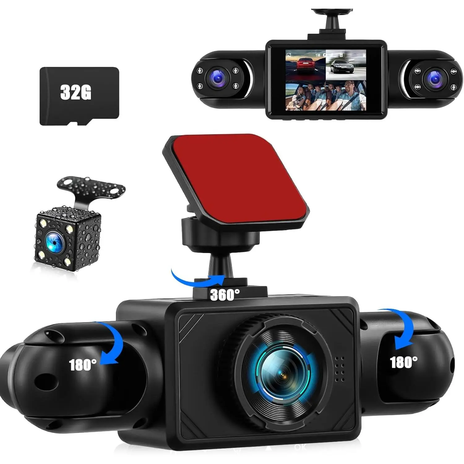 360 Vision Car Camera 4-Channel Dashcam, 1080P Video Recording (Front-Rear-Inside-Left-Right), 2" Screen, Loop Recording, 24H Parking Monitor, Reverse View, 32G Memory Card