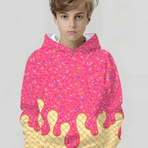 Kids Hoodie, Sweet Cool Ice Cream Donut Print Graphic Pullover, Unisex Daily Wear, Street Style Long Sleeve Top for Children, Graphic Hoodies