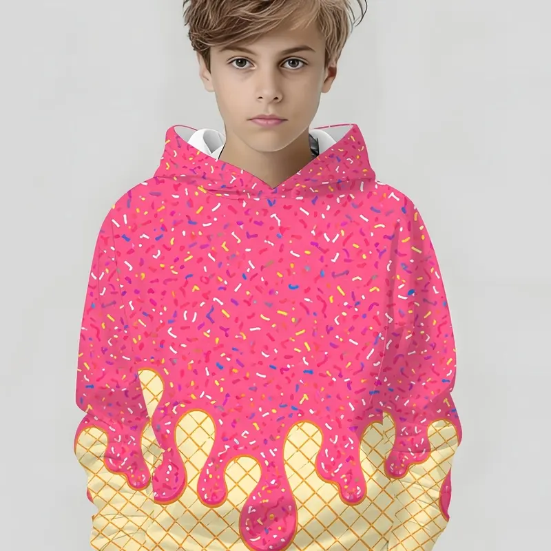 Kids Hoodie, Sweet Cool Ice Cream Donut Print Graphic Pullover, Unisex Daily Wear, Street Style Long Sleeve Top for Children, Graphic Hoodies