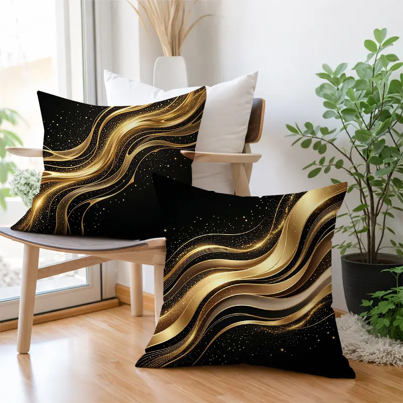 2pcs Modern Throw Pillow Covers, Decorative Cushion Cases, Flowing Waves Pattern Design with Sparkles, Black - Golden Tone. Versatile for Living Room, Couch, Sofa, Bedroom, Restaurant, Cafe, Office, and Car. Perfect for All-Season Decor