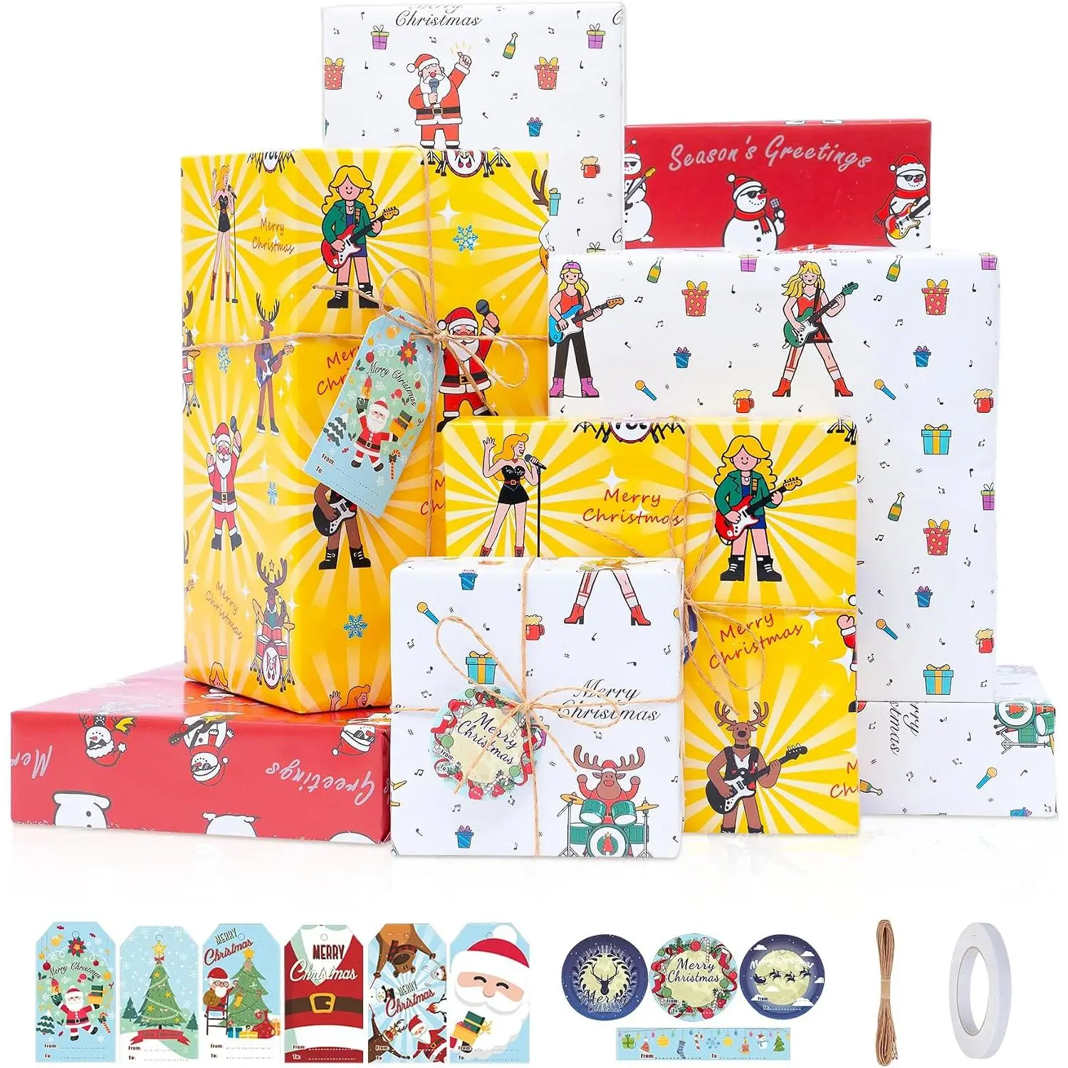 Christmas  Wrapping Paper Set with Xmas  Tags Twine & Tape, 6 Sheets Colorful Holiday Wrapping Paper, Rock Santa Snowman and Reindeer Design for Boy, Girly, Coworker,