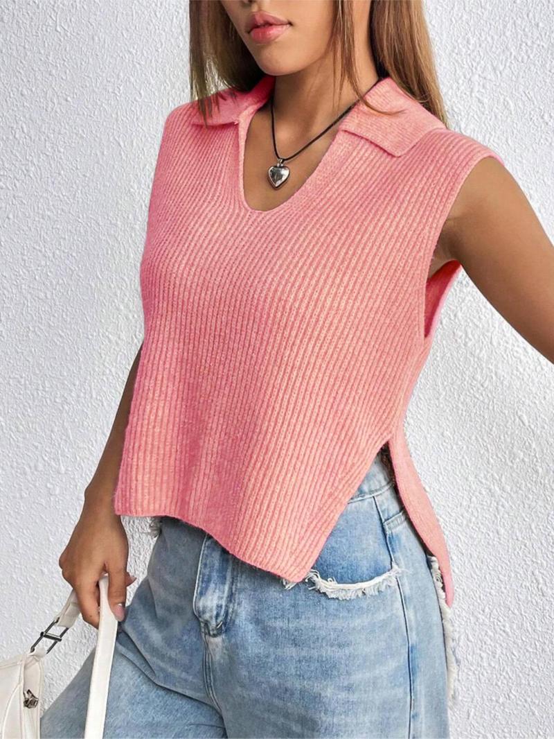 Women's Plain Split Hem Sweater Vest, Casual Fitted Solid Collar Sleeveless Knitwear Top for Summer, Fashion Ladies' Collared Knit Clothing for Everyday Wear, Minimalist Basic Womenswear, Sleeveless Vests