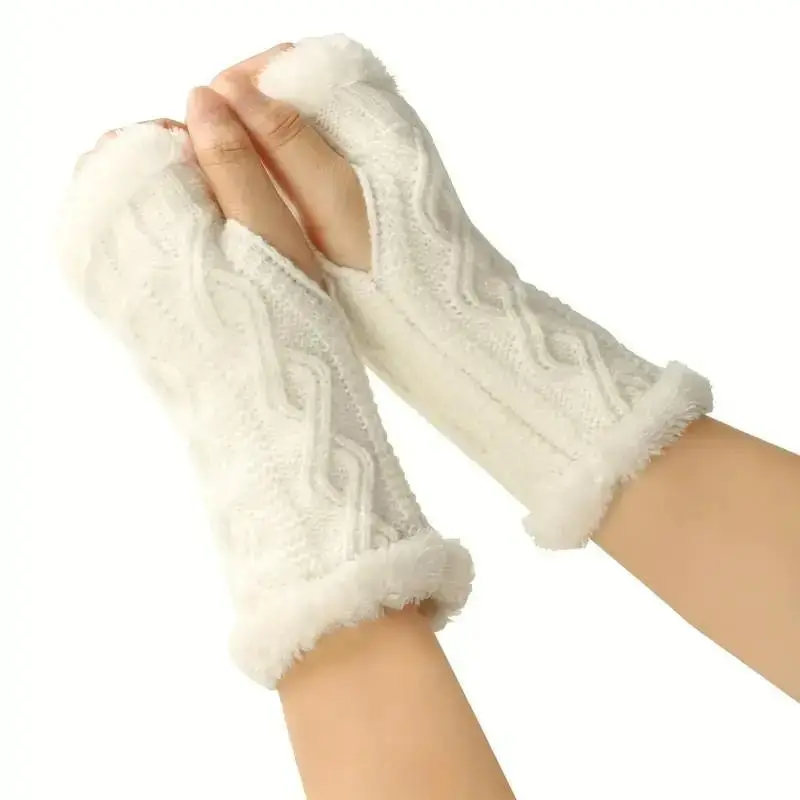 Thickened Fleece Gloves, Rhombus Short Knit Fingerless Mitts, Winter & Fall Warm Gloves, Perfect Christmas Gift for Boys & Girls
