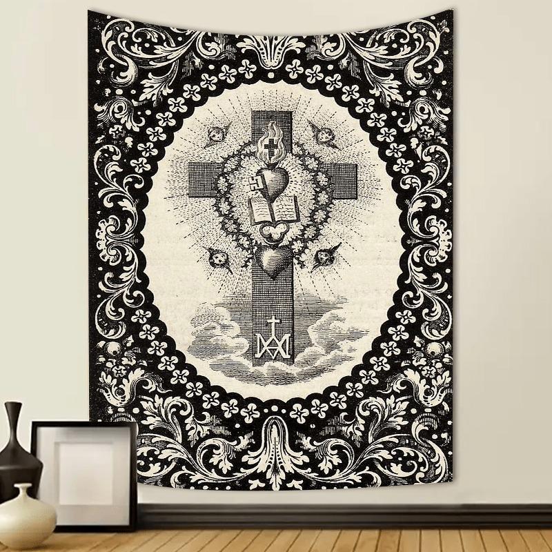 Sacred Heart Cross Pattern Durable Decorative Tapestry, Gothic Design Wall Hanging, Wall Decor for Home Living Room Bedroom Dorm, Home Decor