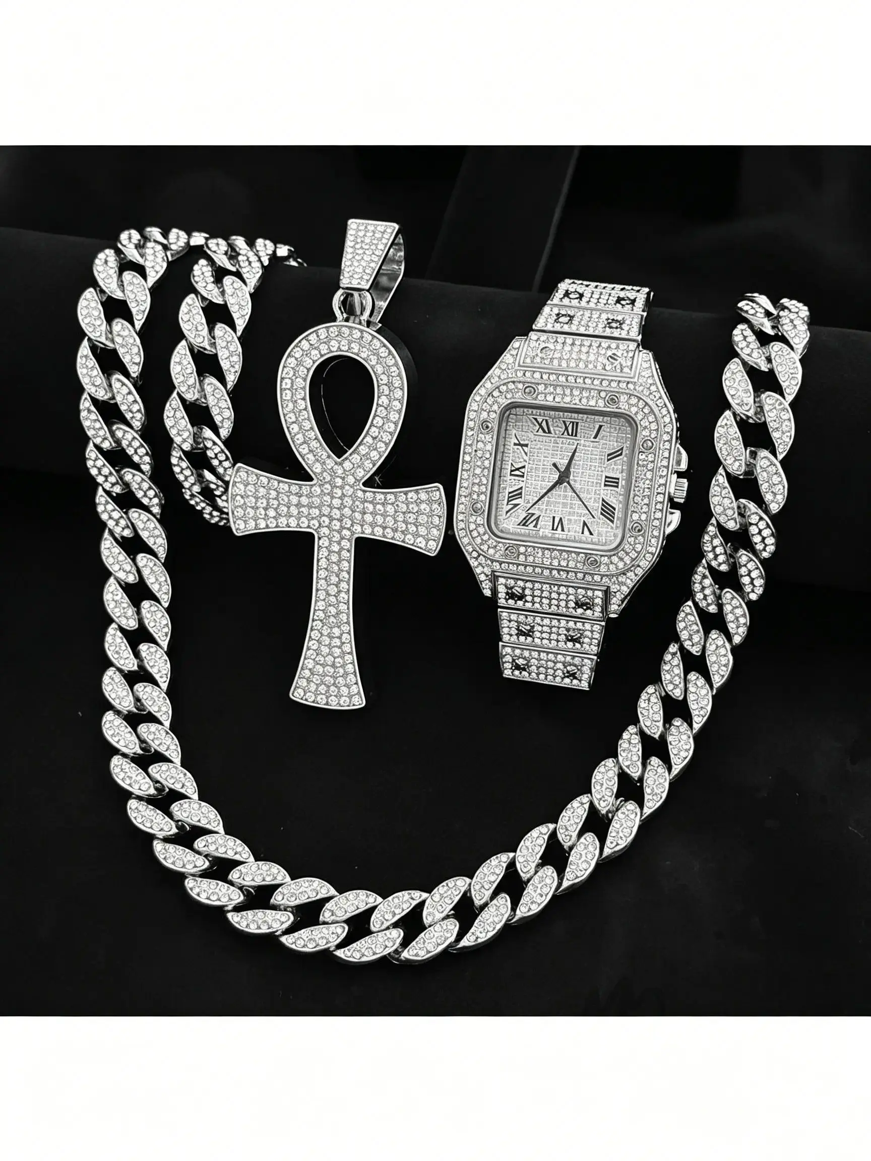 Trendy Punk Bling Diamond Watch Accessory Set for Men Women, Full Iced Analog Quartz Movement Calendar Watch, Adjustable 18K Vacuum Plated Copper Miami Cuban Link Bracelet & Ankh Cross Pendant Necklace, 4 In 1 Unisex Hip Hop European American Style Jewelr