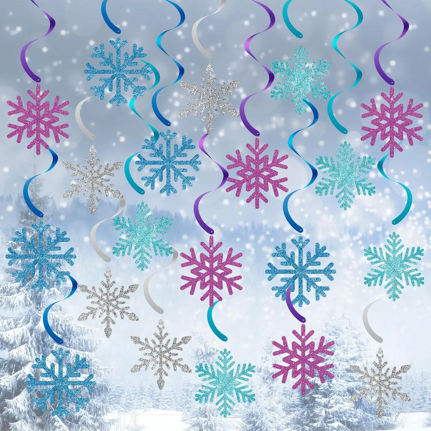 20 Pack Frozen Snowflake  Decorations - Winter Snowflakes  Swirls Ceiling Streamers, Glittery Snowflakes Ornament for Wonderland Frozen Party Decorations, Birthday and Christmas Decor