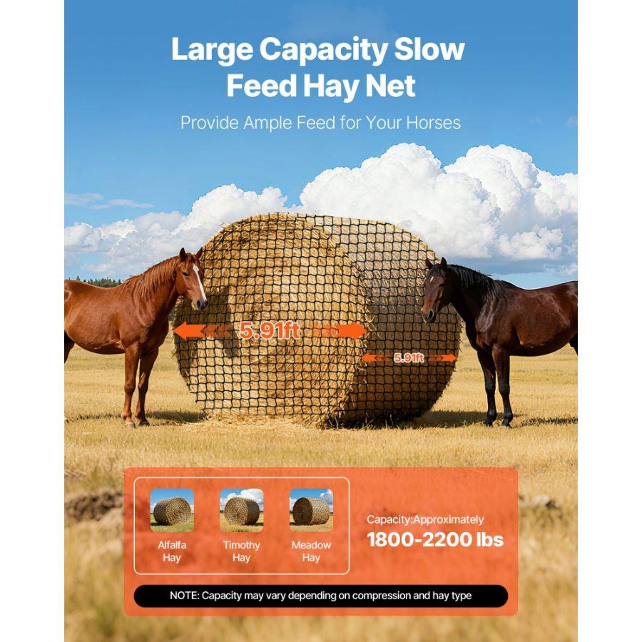 VEVOR Round Bale Hay Net, 5.91x 5.91x 5.91 ft, 1.65 inch Holes, PE Material, Knotless Design, with Zip Ties, Needle Shuttle, Repair Twine and Storage Bag, Slow Feeder Round Bale Net for Horses