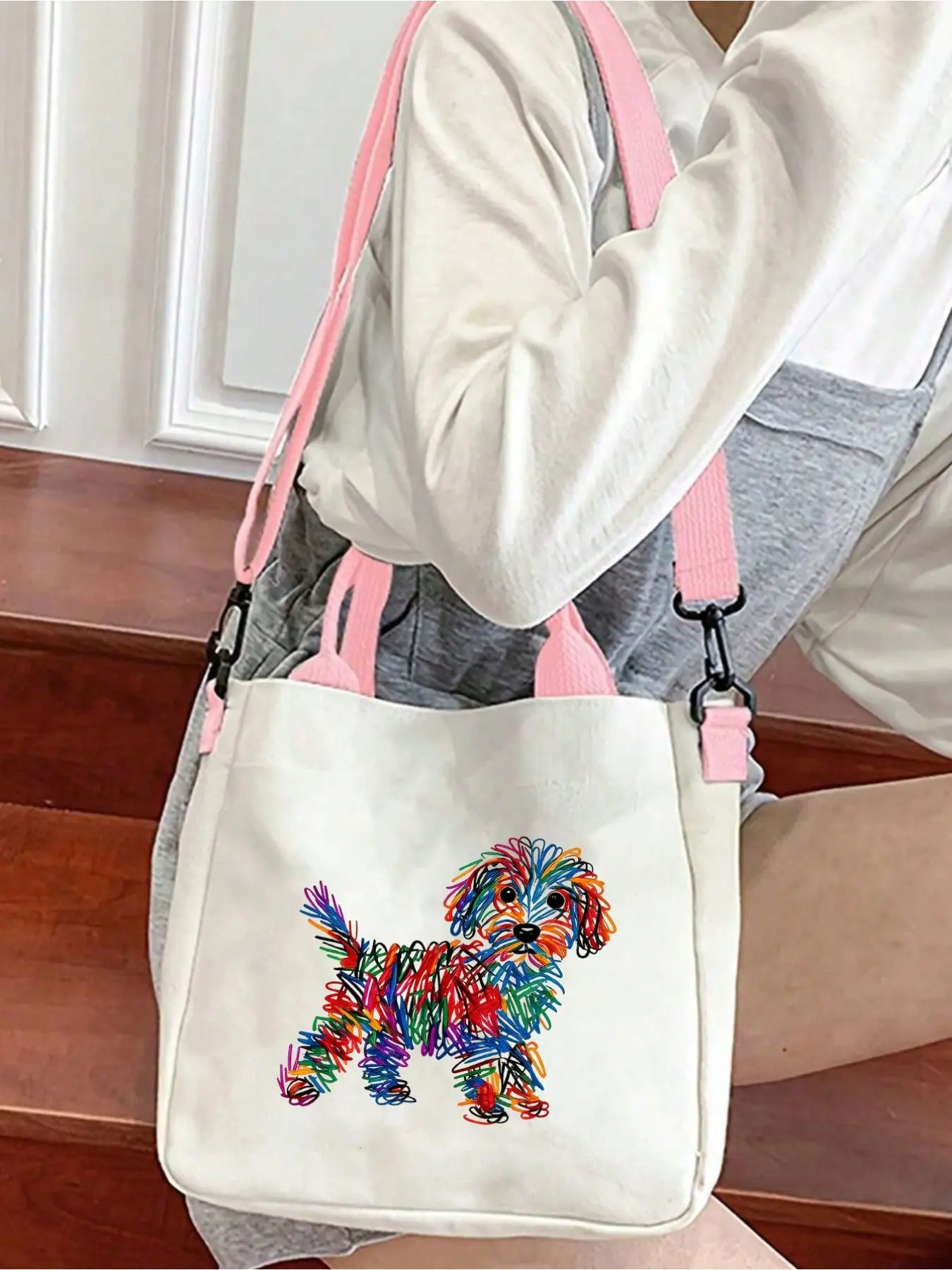White Poodle Print Tote Bag for Women, Large Capacity Crossbody Handbag with Detachable Adjustable Wide Strap, Doodle & 3D Embroidery Two Styles, Lightweight Shopping Bag for Beach School Work, Ideal Teacher Back to School Gift