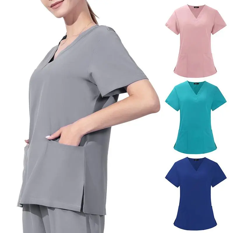 Lady's Basic Solid Gray V-Neck Short Sleeve Nurse Scrub Uniform Top - Dual Pockets, Professional Medical Workwear Clothes for Women