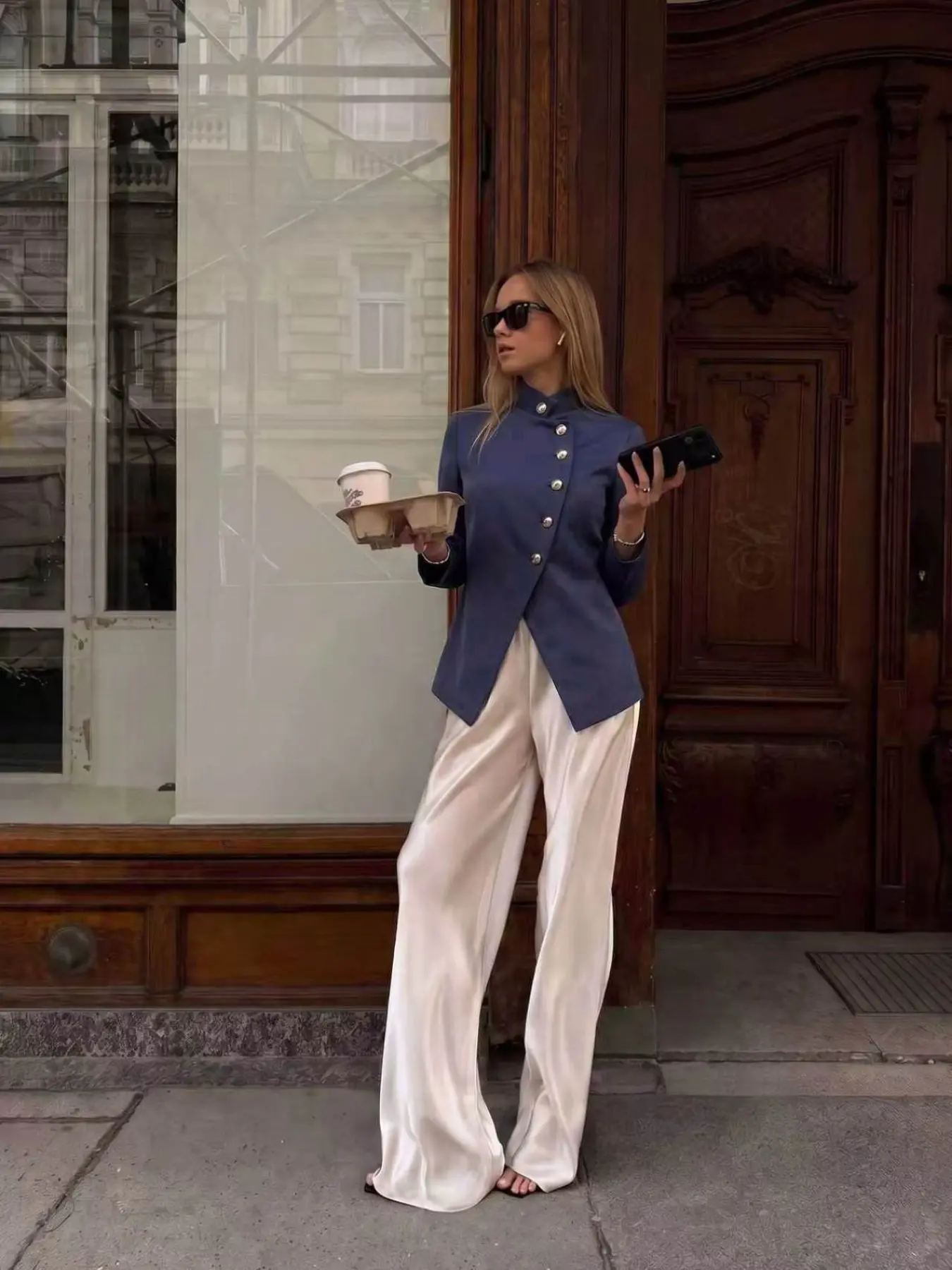Women's Stand Collar Gold Button Short Suit Jacket, Waist-Cinch Slim Fit, Asymmetrical Hem, Office Wear, Petite Friendly