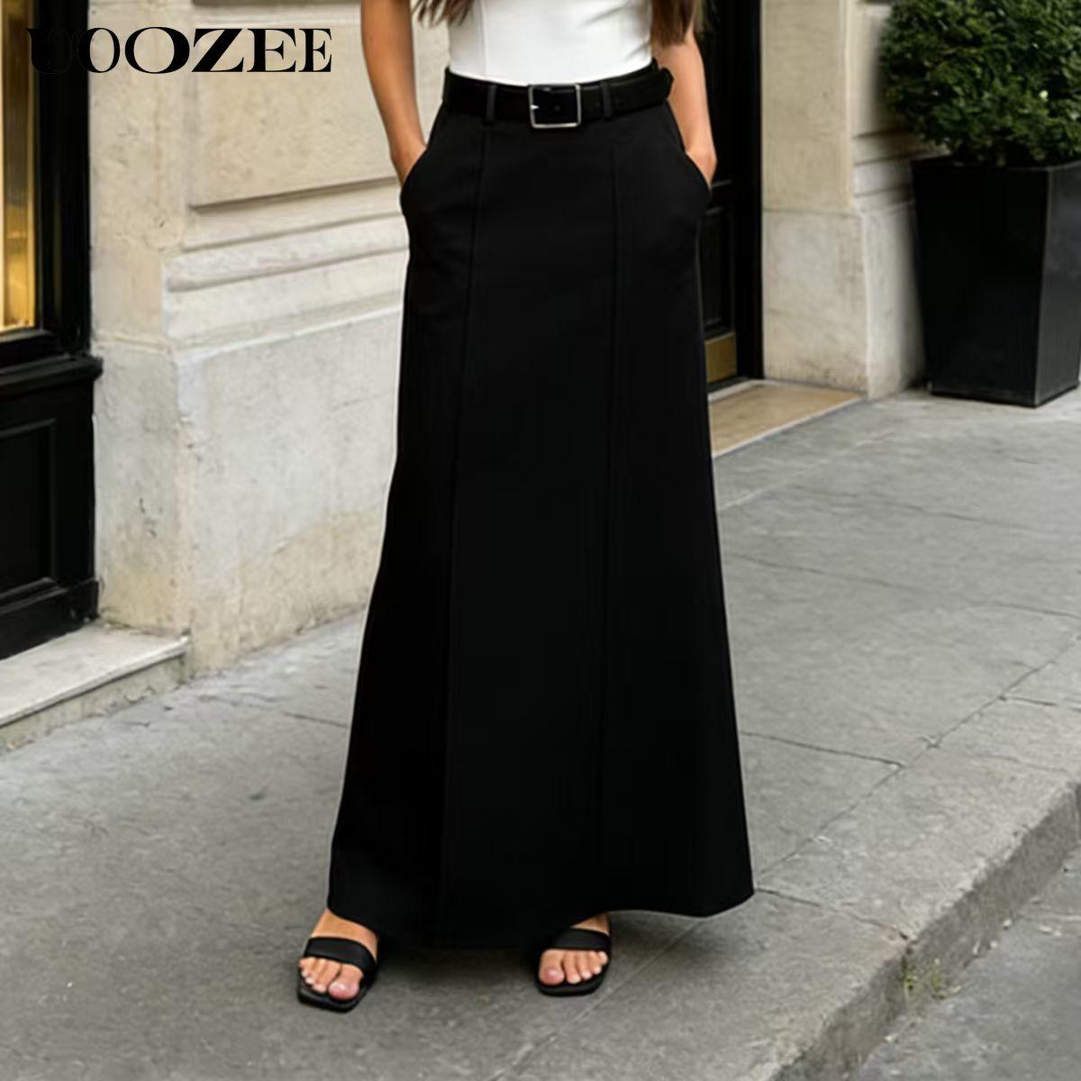 UOOZEE Women's 2026 New Autumn Spring Old Money H-Shaped Basic Womenswear Maxi Skirt, Minimalist Solid Loose Fit Zipper Elegant Daily Outings Date Night Outfit, Commuting Bottoms with Pockets